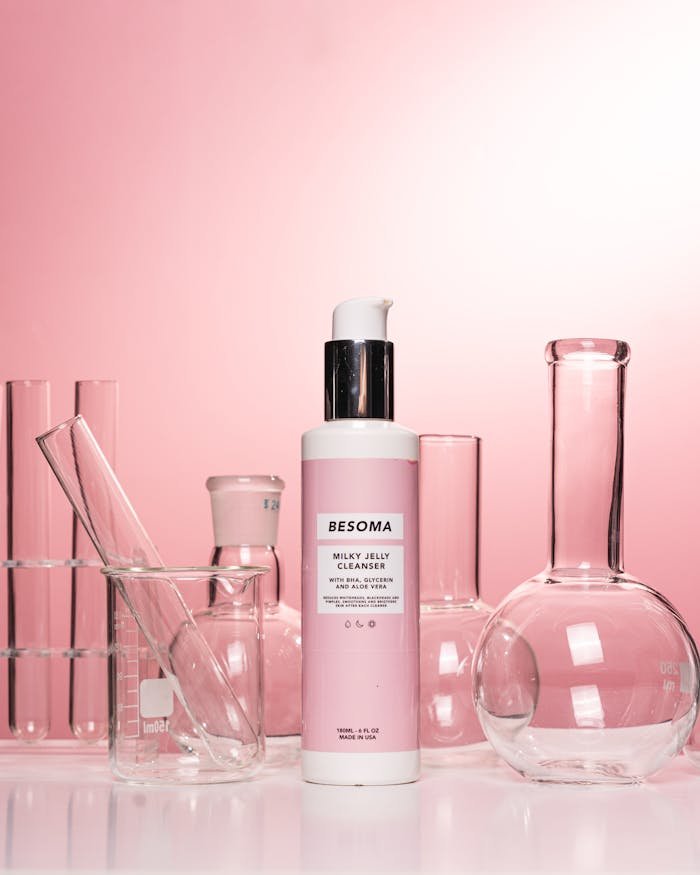 Cleanser bottle with lab glassware on a pink background in a studio setup.