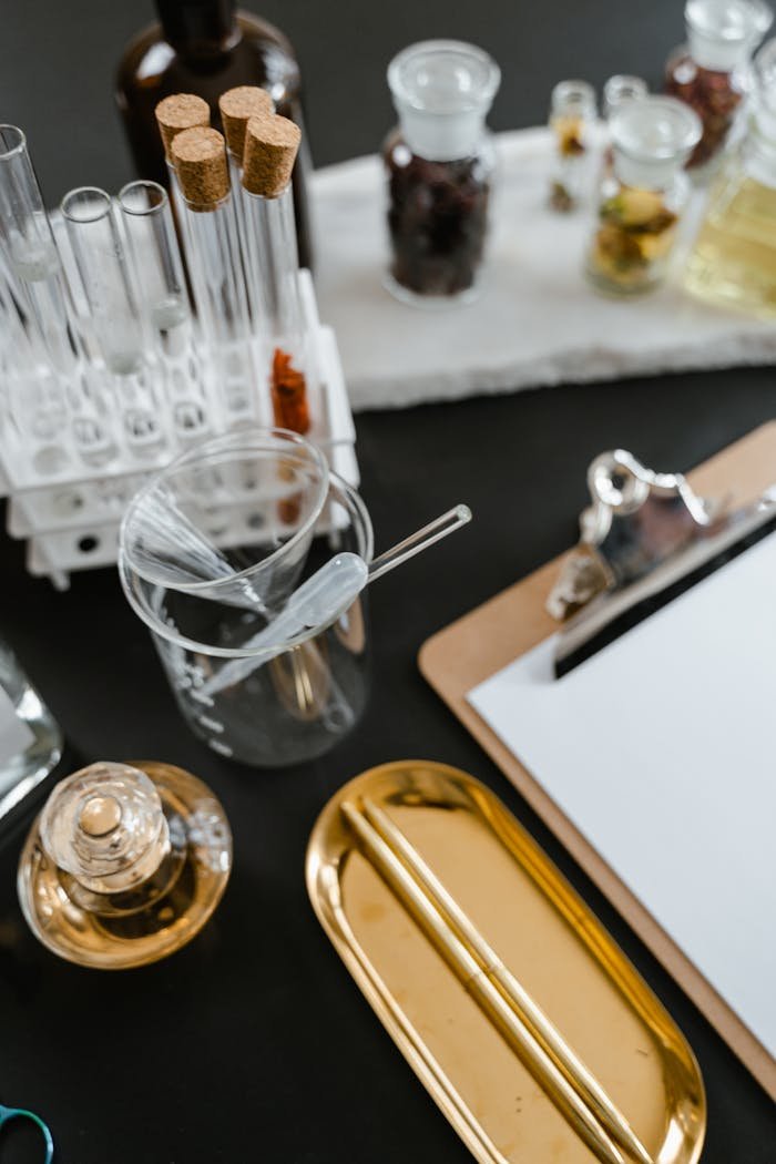 A sophisticated arrangement of glassware and products for aromatherapy and chemistry on a black table.